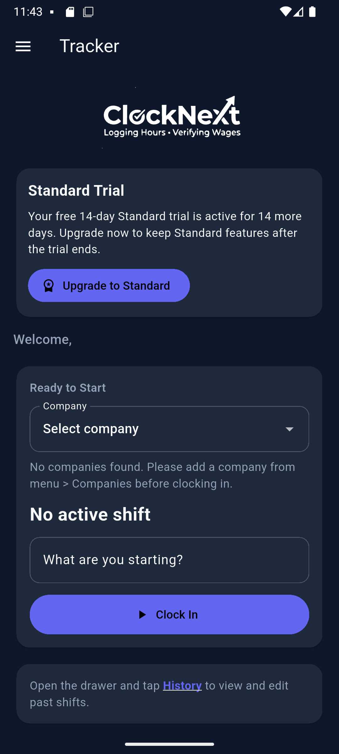 ClockNeXt tracker screen showing shift controls
